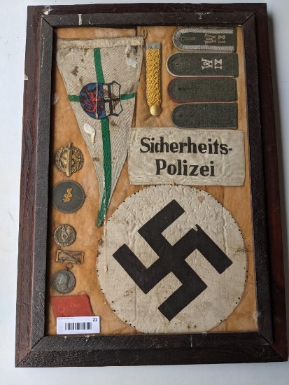 Display of Framed German Shoulder Tabs, Arm Bands, Sports Medals, Medical Badges, Etc.