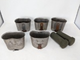 5 WWII Canteen Cups & 2 Canisters