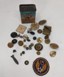 Camel Patching Tin with Miscellaneous WWII Insignia