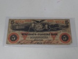 1860 $5 Merchants and Planters Bank, Savannah GA F