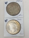 1880-O Morgan Silver Dollar UNC, 1924 Peace Silver Dollar BU