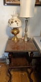 Oak Top Parlor Table & 2 Lamps