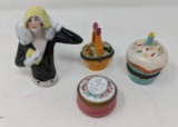 3 Ceramic Trinket Boxes and Lady Pin Cushion Top