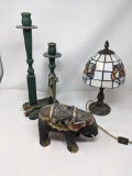 Enameled Elephant Figure, Wooden Candlesticks and Slag Glass Table Lamp