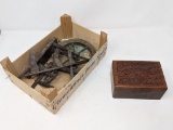 Miniature Spinning Wheel and Small Carved Trinket Box