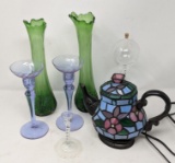 Stained Glass Tea Pot, Green Vases, Glass Candle Holders