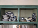 Blue Willow Type Dinner Service in Cabinet