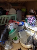 Plastics Lot, Glass Bowl, Metal Scoop, Glass Juicer-Kitchen Cabinet contents