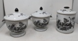 3 Black & White Toile Type Lidded Canisters