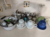 Kitchen Lot - Agate Handled Pot, Tea Pots, Cups, Flatware, Vase