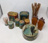 Grouping of Tea Tins, Oriental Containers, Chop Sticks