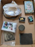 Tintype of Man, Glass Animals, Painted Tin Box, Sea Shells, 2 Butterfly Boxes, Other Lidded Piece
