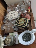 Oil Lamp, Ironstone Pitcher, Stemware, Tin Box, Tea Pots