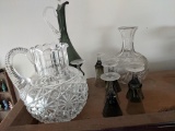 Clear Glass Pitcher and Decanter, Green Glass Ewer and 6 Stemmed Glasses