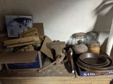 Pie Plates, Pottery Jug; Glass Jars, Bench Vise, Tools, Books - Basement Lot