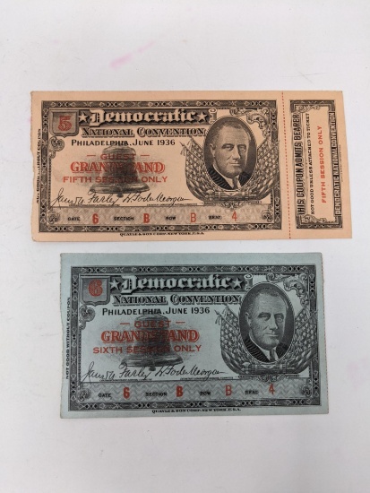 (2) 1936 Democratic Convention Tickets, One Without Stub