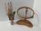 Tabletop Wooden Embroidery Hoop and China Mug with Knitting Needles, Crochet Hooks and Paint Brushes