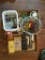 Beaded and Plastic Boxes, Switch Plate, Glass Bottles in Holder, Frames, Mugs