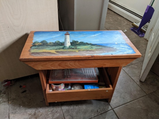 Bench with Painted Lighthouse Scene and Utility Box
