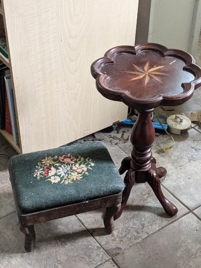 Needlepoint Top Footstool and Inlaid Candle Stand with Pie Crust Edge