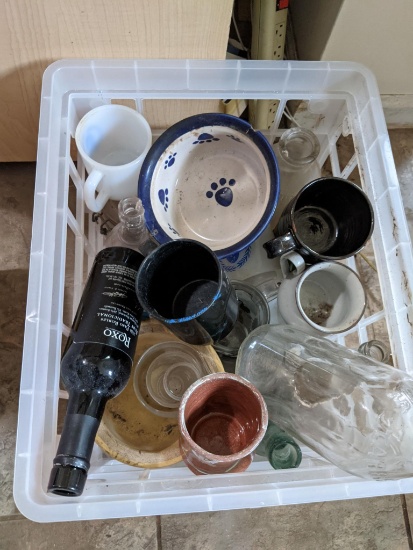 Plastic Crate, Mugs, Bottles, Bowls