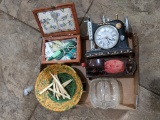 Sewing Box with Notions, Pin Cushion, Glass Basket, Sewing Machine Shaped Clock and Fabric Basket