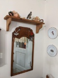 Wood Framed Mirror, Wooden Shelf and 2 Canadian Bird Plates