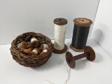 Basket with Various Wooden Vintage Thread Spools