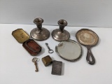 Sterling Weighted Candlesticks, Sterling Mirror Frame, Unmarked Silver Case, Other Cases, Keys