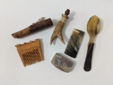 Bird Whistle, Wood Comb, Antler Flask, Tortoiseshell-style Comb and Spoon, Pewter Monogrammed Box