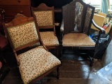 Pair of Victorian Floral Upholstered Side Chairs, Wicker Back Arm Chair