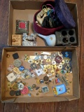 Miniature Cast Iron Stove, Fabric Heart Box, Pin Cushion and Large Lot of Buttons & Pins