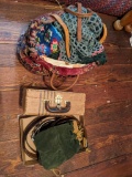 Small Suitcase, Carpet Bag with Crochet Work, Tooled Leather Belts Lot, Purses, etc.