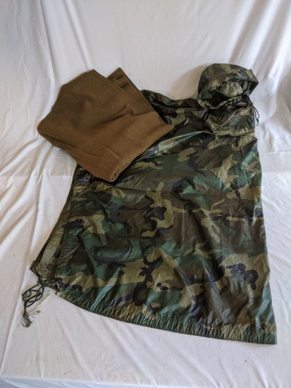 Camouflage Rain Poncho and Army Green Blanket