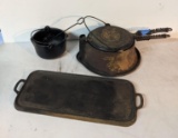 Cast Iron Griddle, Griswold Waffle Iron and Wire Handled Pot