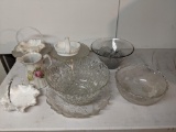 Glass Serving Bowls, Cake Stand, White Glass Bride's Baskets and China Pitcher