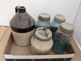 Stoneware Jug, Crock with Wired Lid and 3 Blue Canning Jars with Zinc Lids