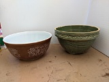 Green Pottery and Brown Pyrex Mixing Bowls