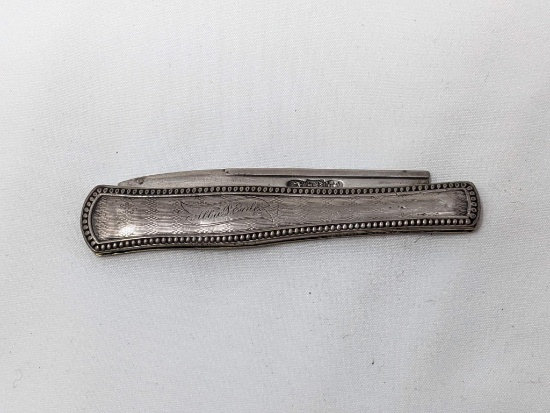 Beaded Edge and Geometric Design Silver Cased Knife