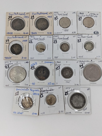 15 Pcs. Foreign Silver- Germany, Peru, Colombia, Dominican Republic, Curacao, Bahamas, Switzerland