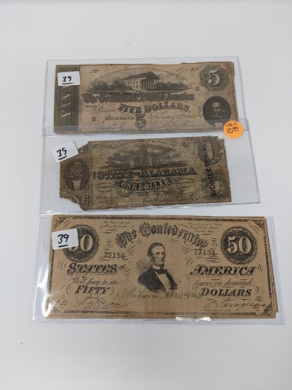 $5 Confederate Note F, $1 Alabama Note Poor, 4 Confederate Copies