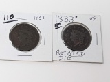 Large Cents (2) 1833 VG & Damaged