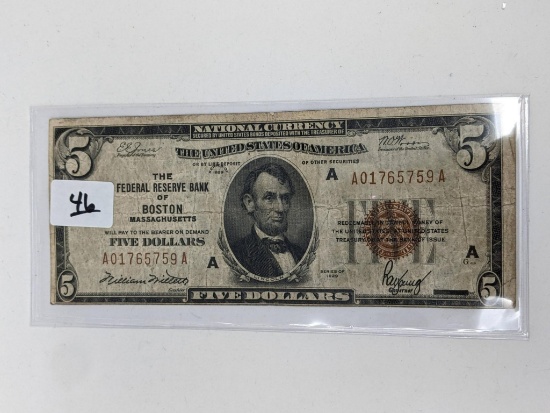$5 1929 National Note Boston MA, VG
