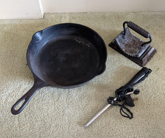 Griswold #8 Cast Iron Fry Pan, Geneva Hand Fluter and Curling Iron