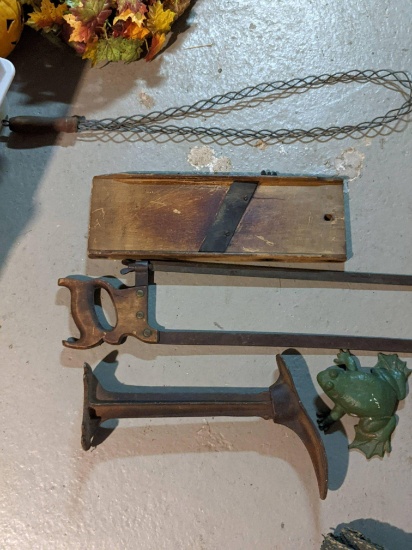 Rug Beater, Slaw Board, Hand Saw, Shoe Lathe, Frog Garden Statue