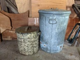 Large Galvanized Trash Can and Smaller Metal Lidded Lard Tin