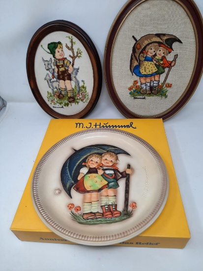 1 Anniversary Hummel plate in original box, 1975; Two Framed Hummel Embroideries
