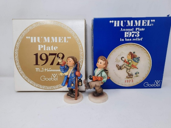 2 Hummel Plates, 1972, 1973 in original boxes; 2 matching figurines