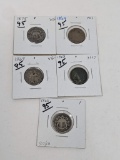 Shield Nickels 1866, 68, (2) 69, 75, with Problems