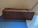Vintage Brass Bound Walnut Tool Box, Leather Strap, 26